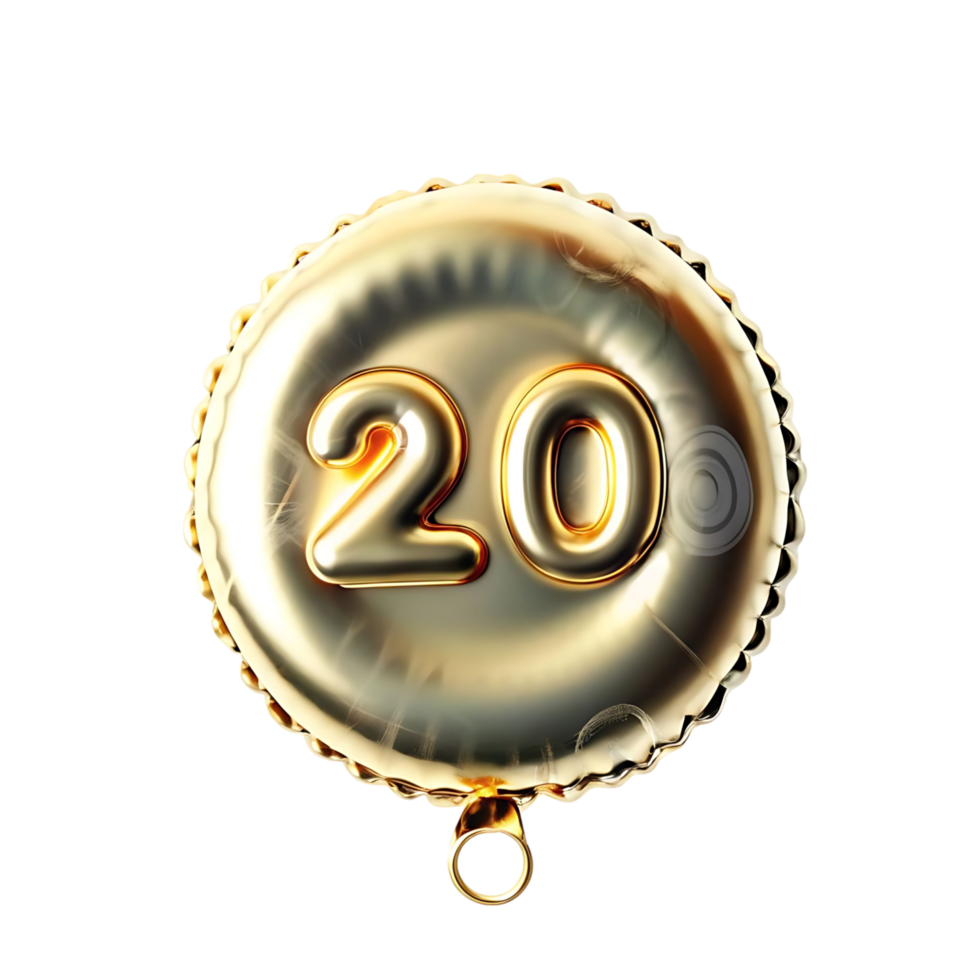 Gold Number Twenty Balloon on transparent Background Festive Celebration Anniversary Party Decoration png