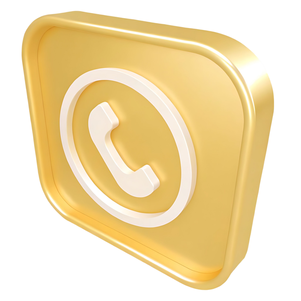 Three dimensional golden square button with white phone icon call support communication png