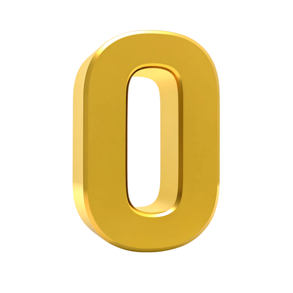 A three dimensional golden number zero on a transparent background png