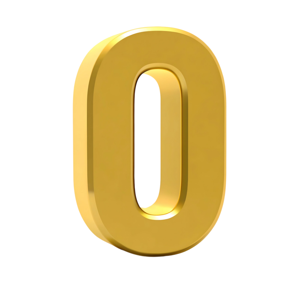 A Three Dimensional Shiny Golden Number Zero on a transparent Background png