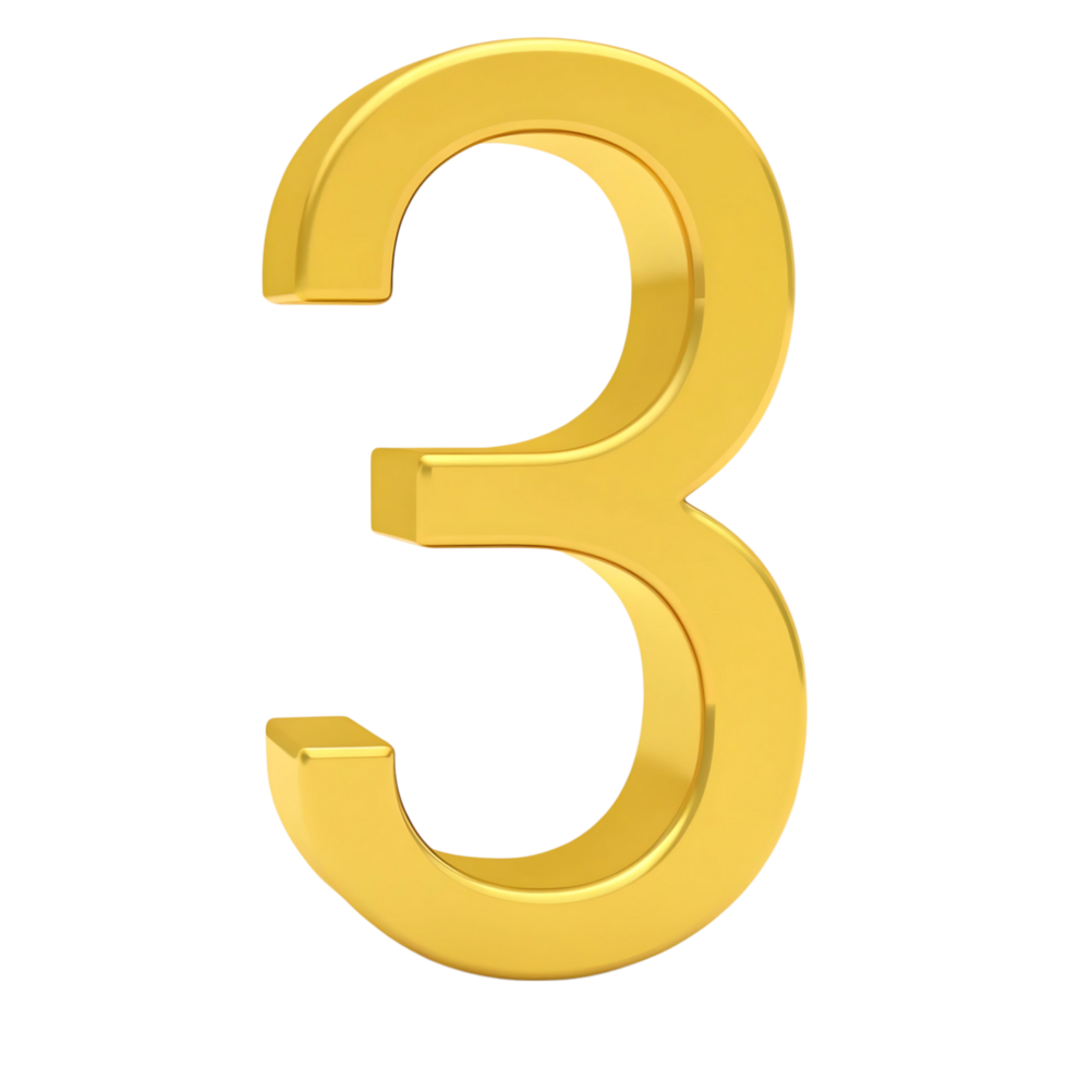 A Stunning 3D Render of a Golden Number Three on a transparent Background A Perfect Symbol of Third Place Achievement or a Third Anniversary png