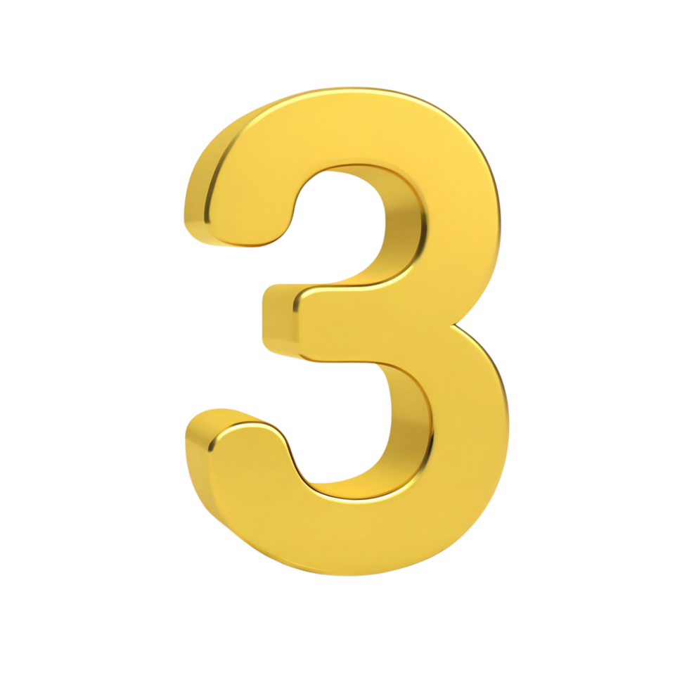 A 3D Render of a Gold Number Three on a transparent Background This is a high quality perfect for backgrounds websites or presentations png