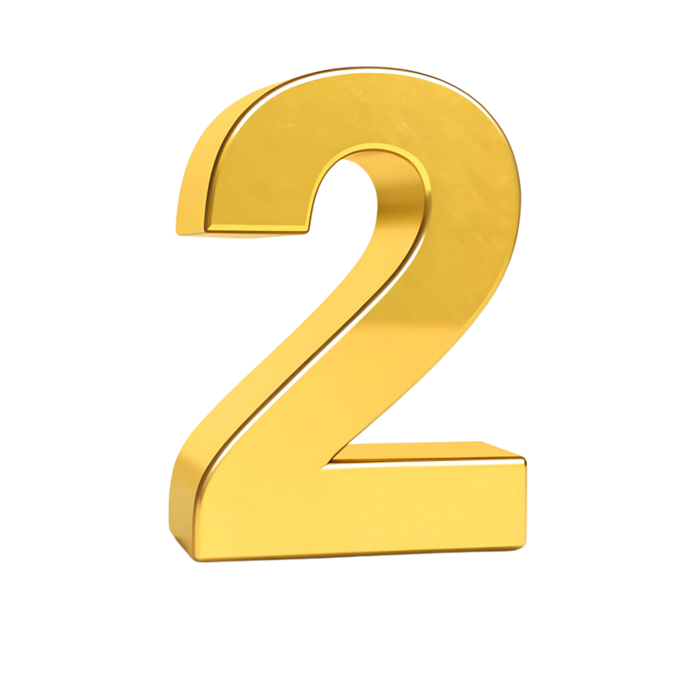 Three Dimensional Golden Number Two on transparent Background Digit Two Gold 3D Rendering png