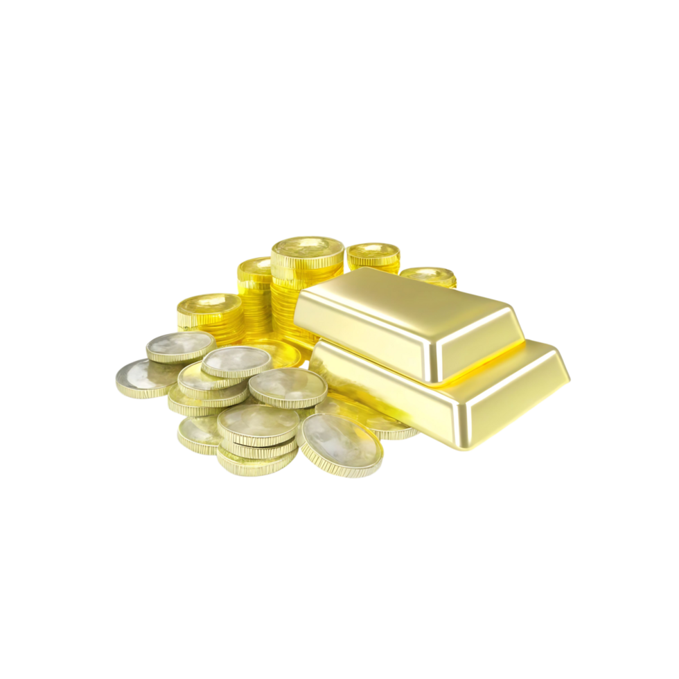 A 3D render of gold bars and coins representing wealth and prosperity png