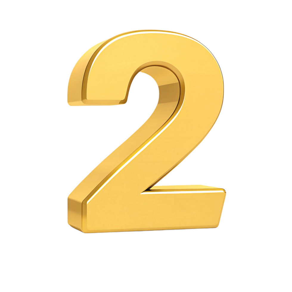 A Stunning 3D Render of the Number Two in Gold on a transparent Background png