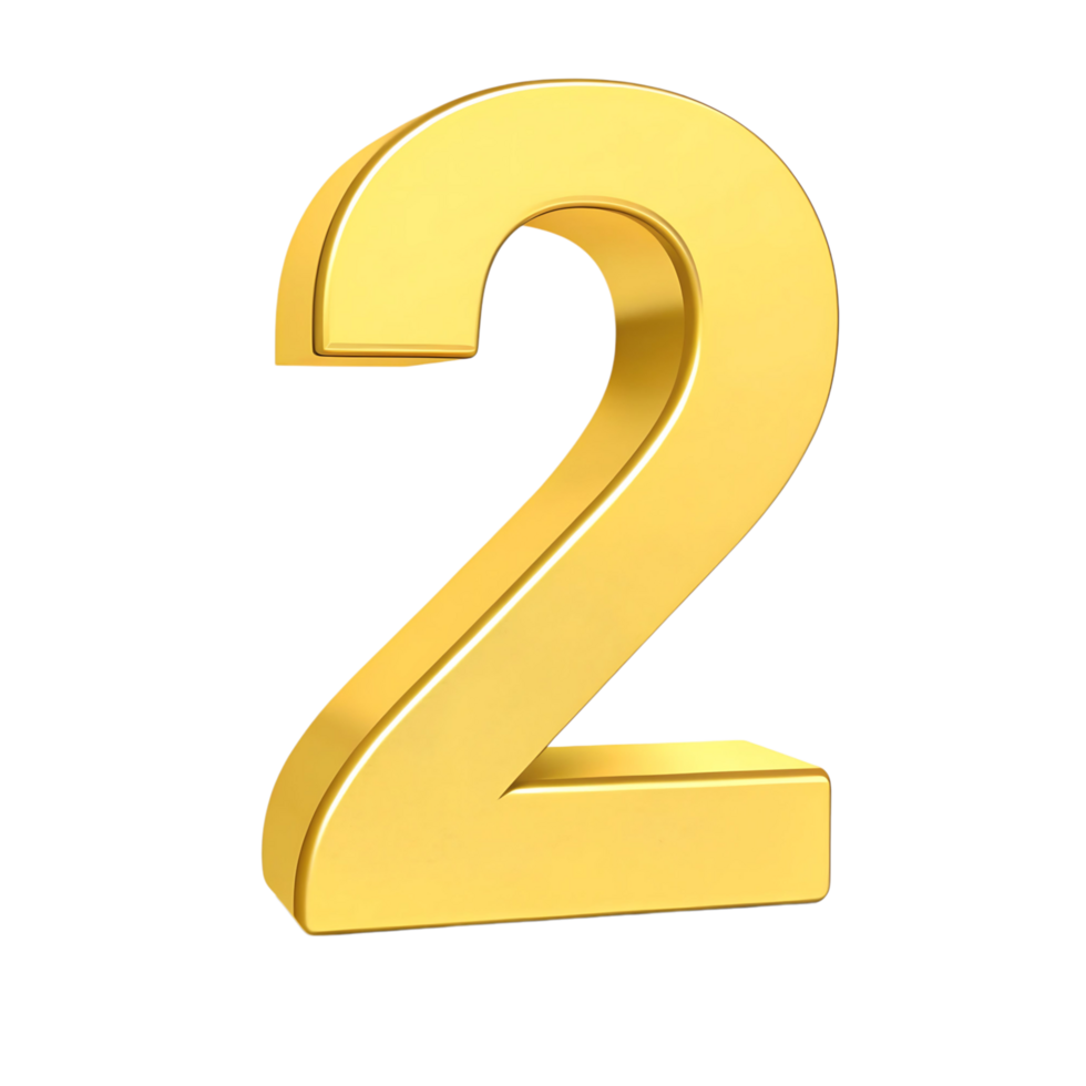 A Striking of a Gold Number Two on a transparent Background, Three Dimensional Rendering of a Shiny Metallic Digit png