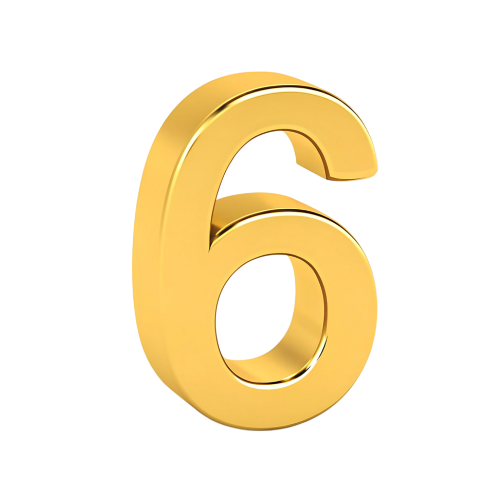 A Stunning 3D Render of a Gold Number Six on a transparent Background png