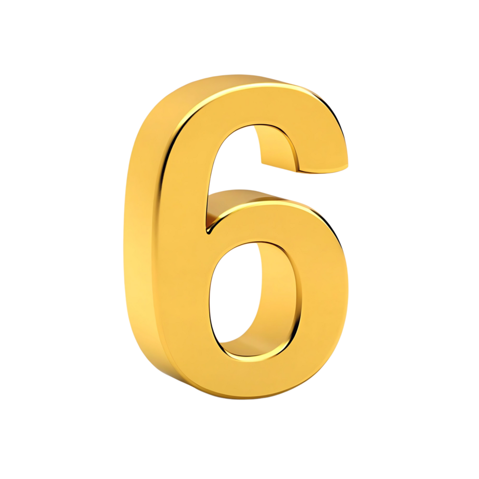 Three dimensional shiny golden number six on transparent background digital art png