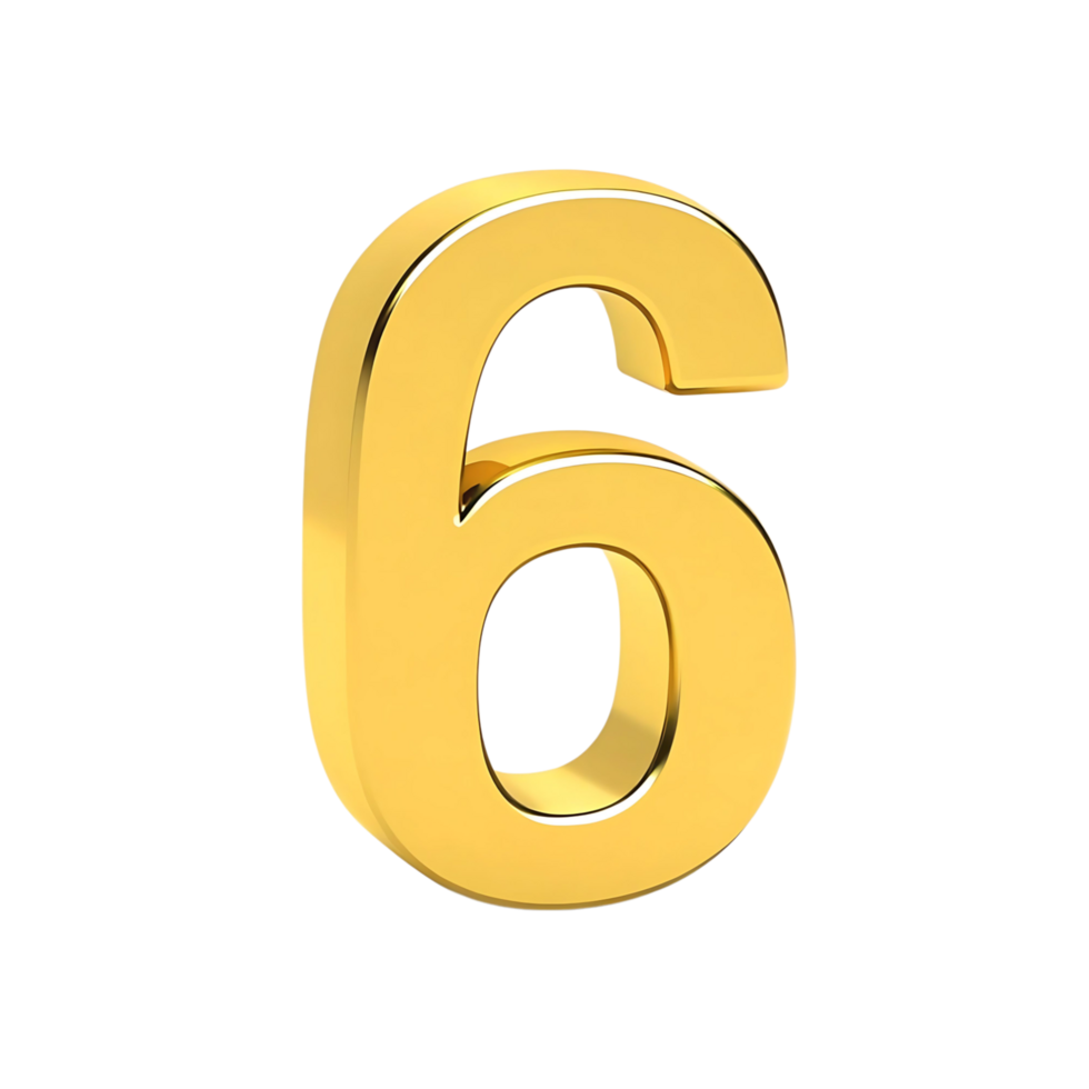 Three Dimensional Golden Number Six on transparent Background Digit Six 3D Rendering Gold Number Six png
