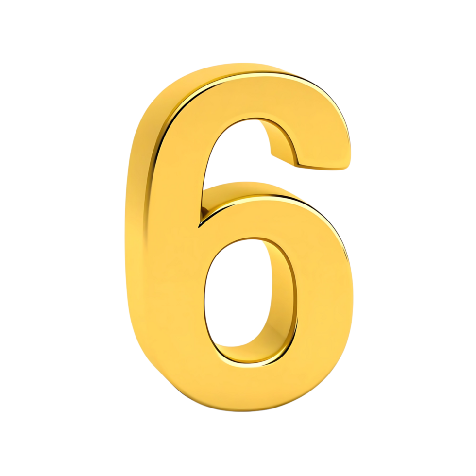 A shiny golden three dimensional number six on a transparent background png