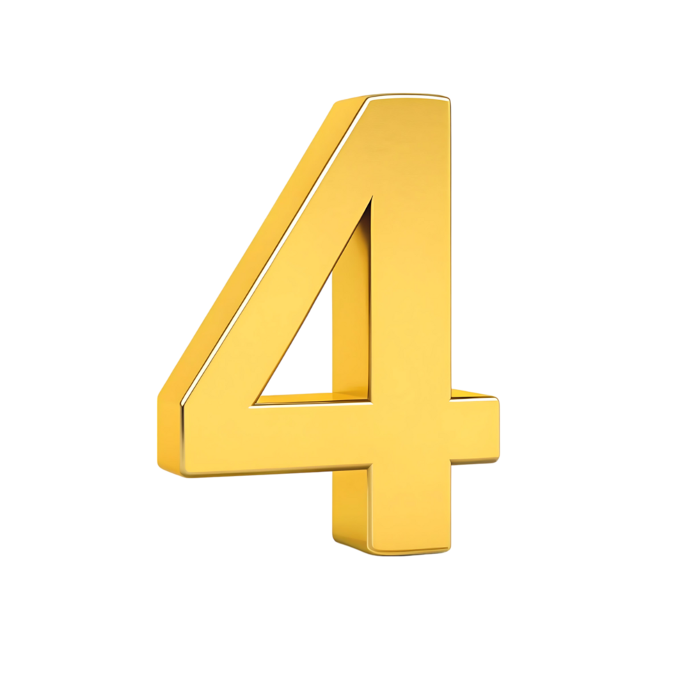 Three dimensional gold number four on transparent background gold number four 3D render png