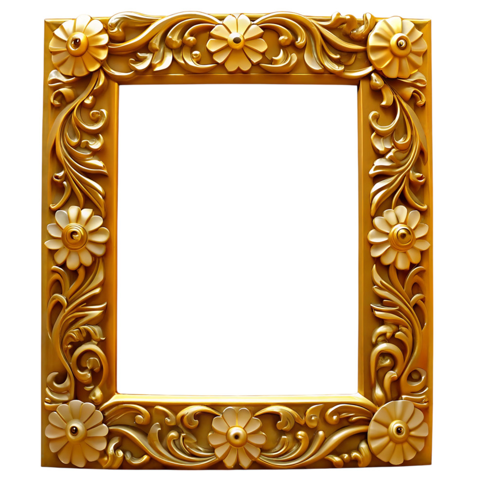 Ornate Golden Frame with Intricate Floral Design and Decorative Elements png
