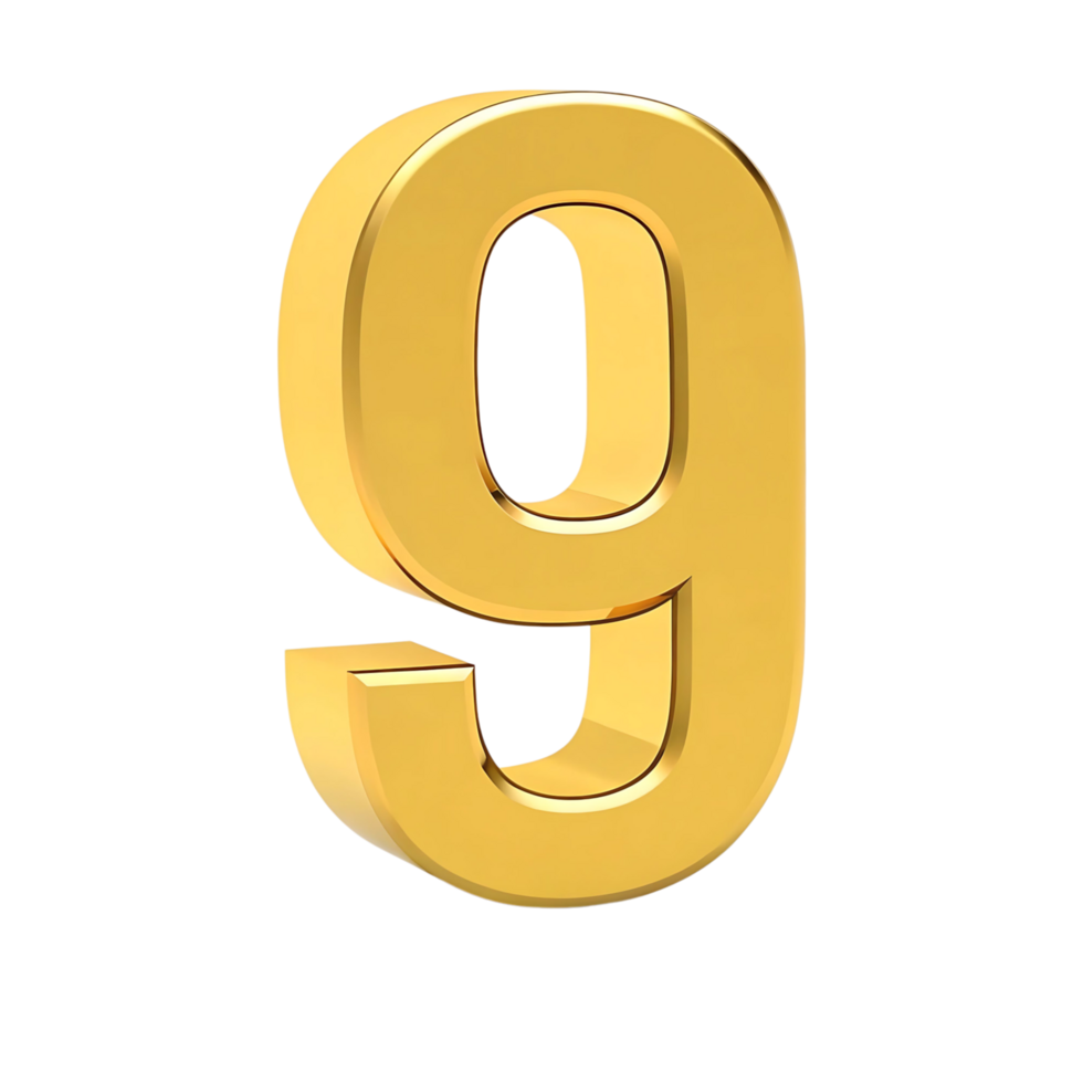 Three Dimensional Golden Number Nine on transparent Background Digit Nine Gold Number Nine 3D Rendering Nine Number png