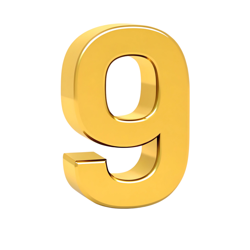Three Dimensional Shiny Gold Number Nine on transparent Background png