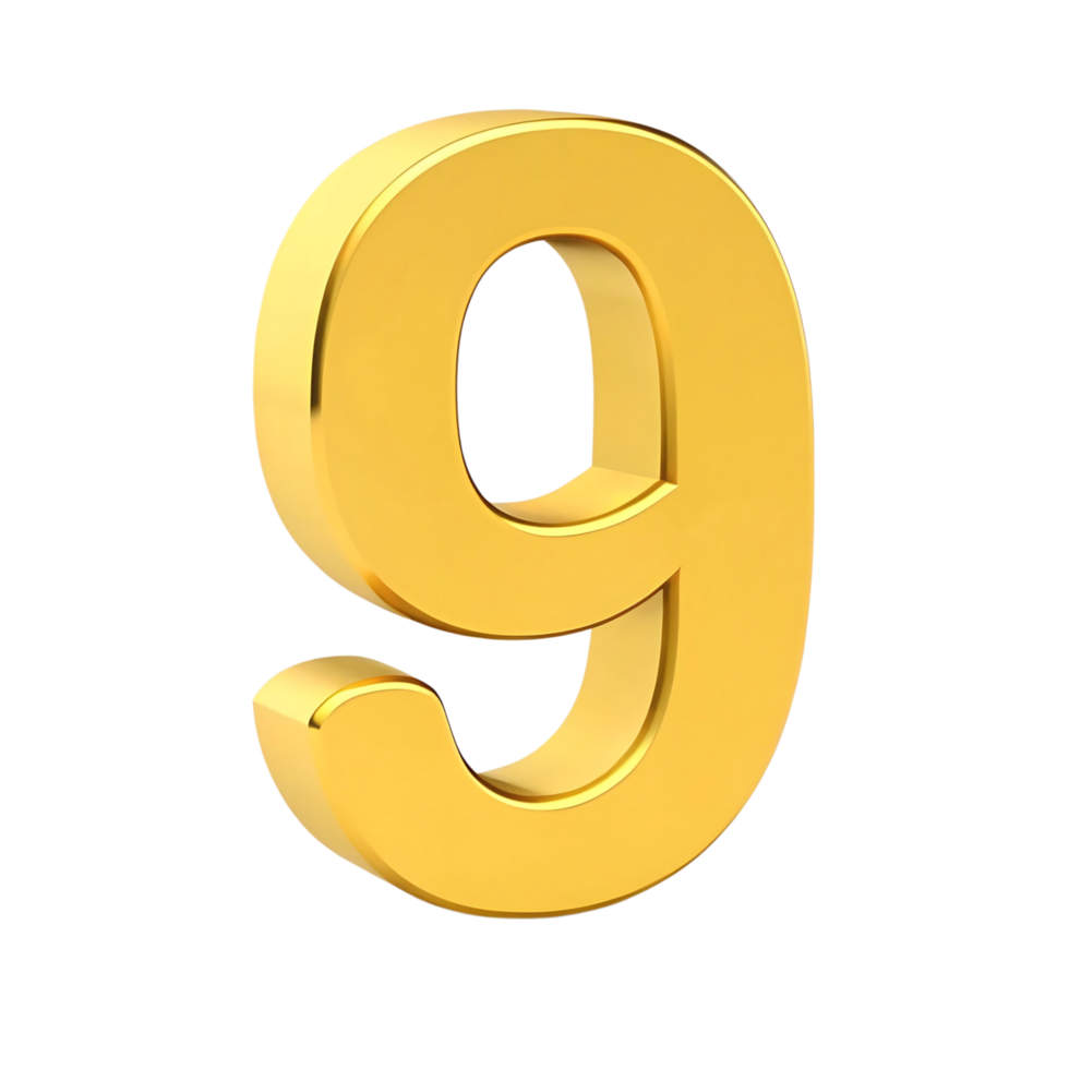 Three dimensional golden number nine on transparent background digital png