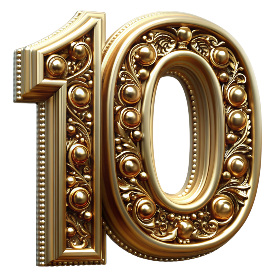 Ornate Golden Number Ten Decorative Design Element High Resolution 3D Render png