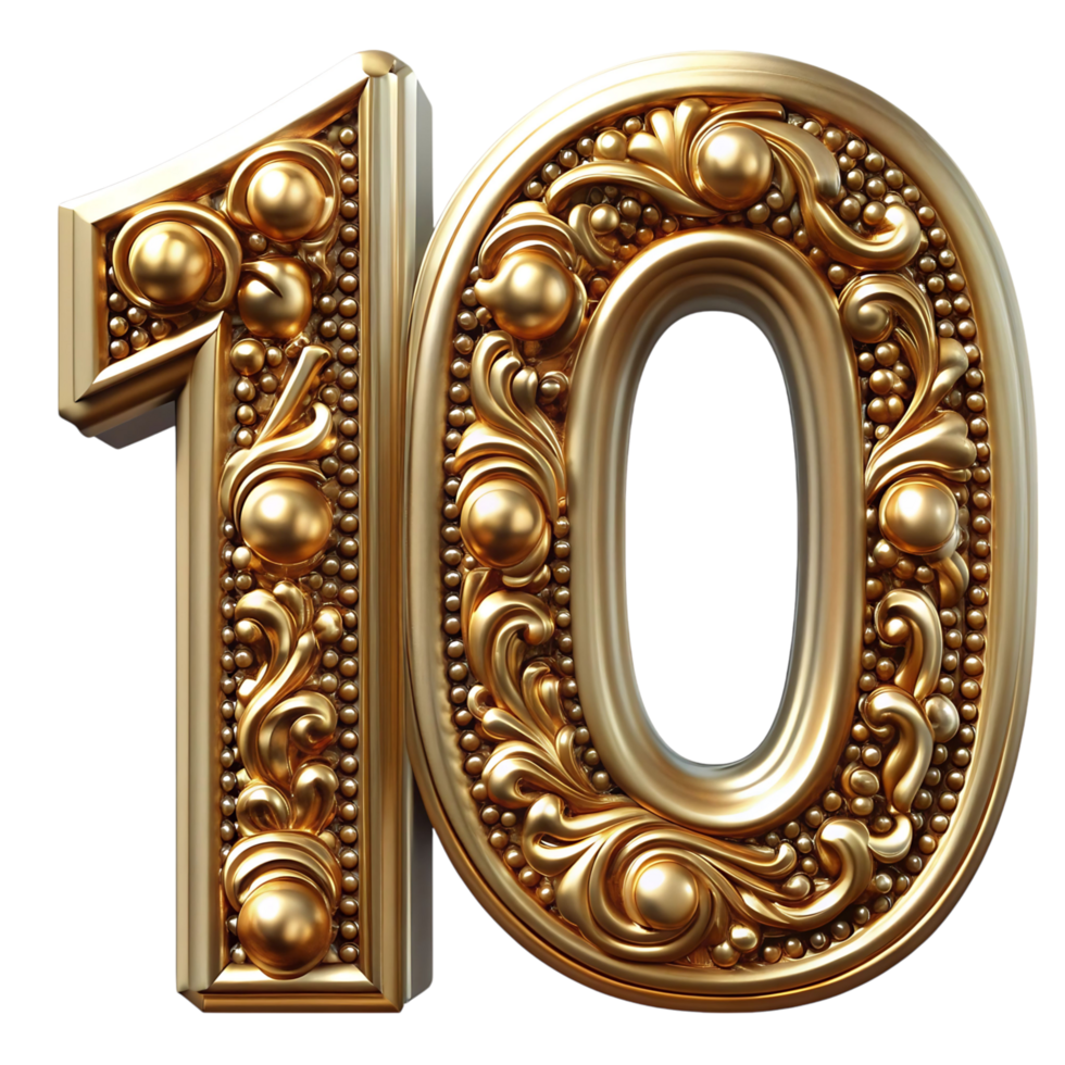 Elegant Gold Number Ten with Intricate Baroque Design and Ornate Frame png