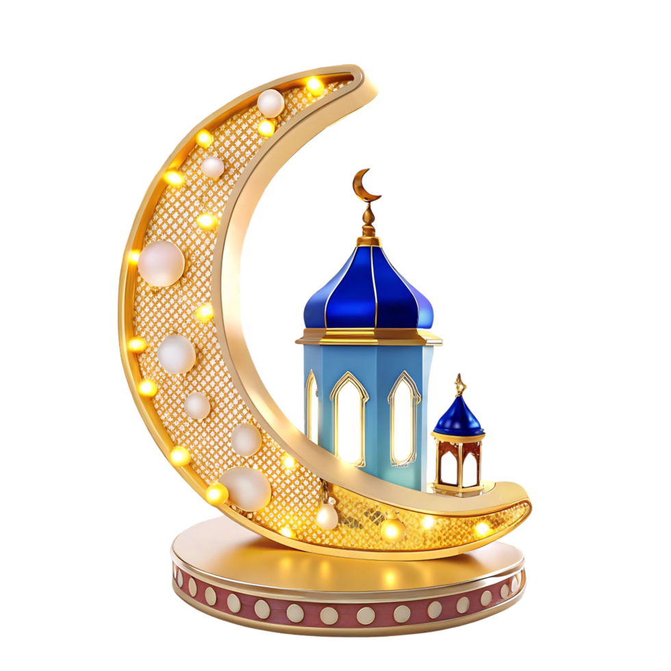 Illuminated Golden Crescent Moon with Miniature Mosque Ramadan Eid alFitr Festive Decoration png