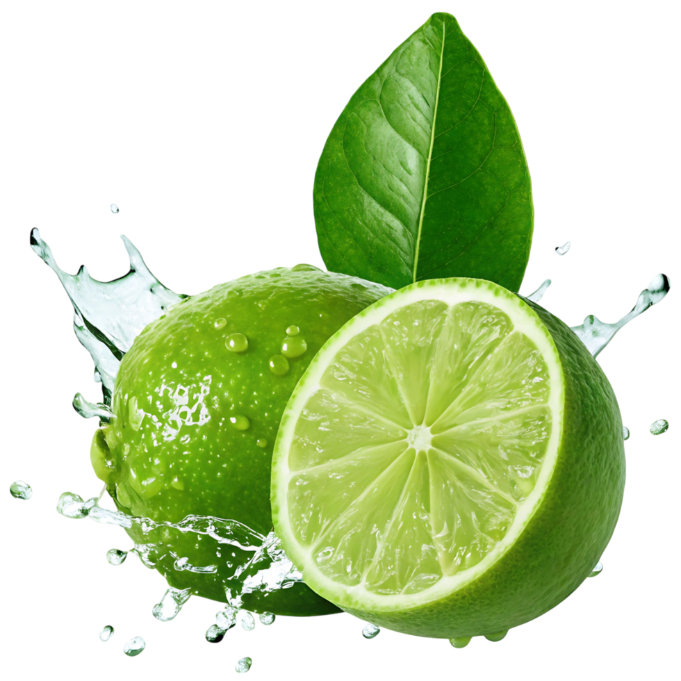 Refreshing Lime Splash Two Limes Water Droplets Green Leaves transparent Background png