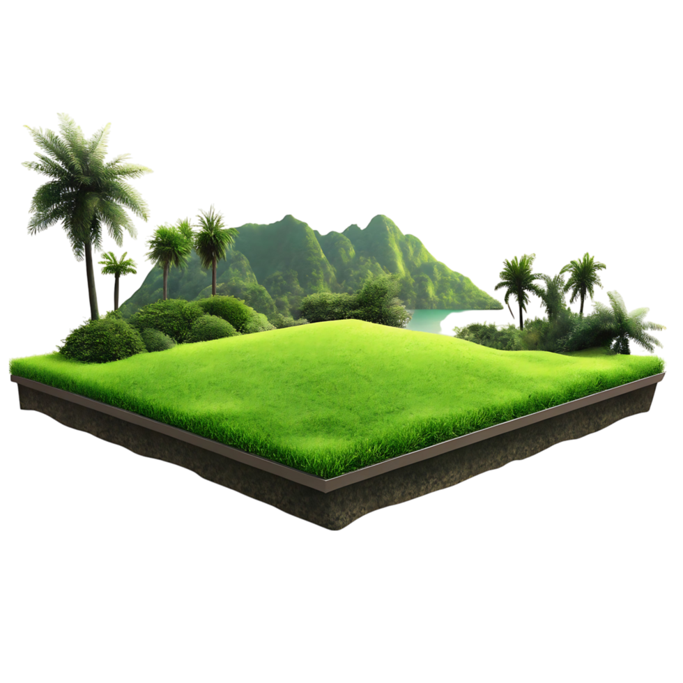 Lush Tropical Island Paradise with Green Grass Rolling Hills Palm Trees and Ocean View png