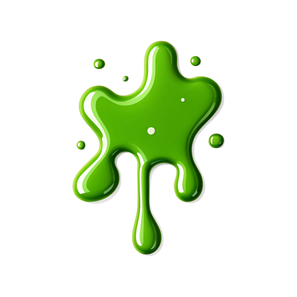 Shiny Green Liquid Blob Dripping Downward on transparent Background Splotch of paint Splashing vibrant color png