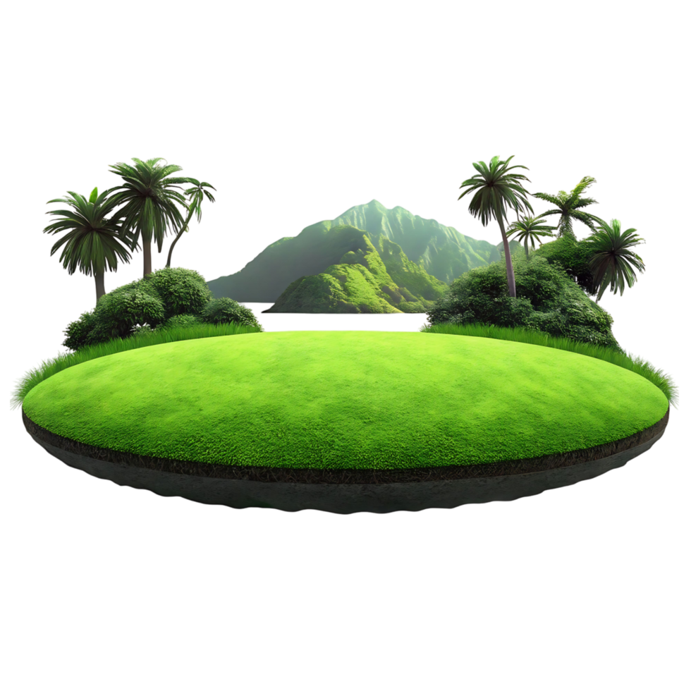Lush Tropical Island Paradise with Green Grass Palm Trees and Mountain Background png