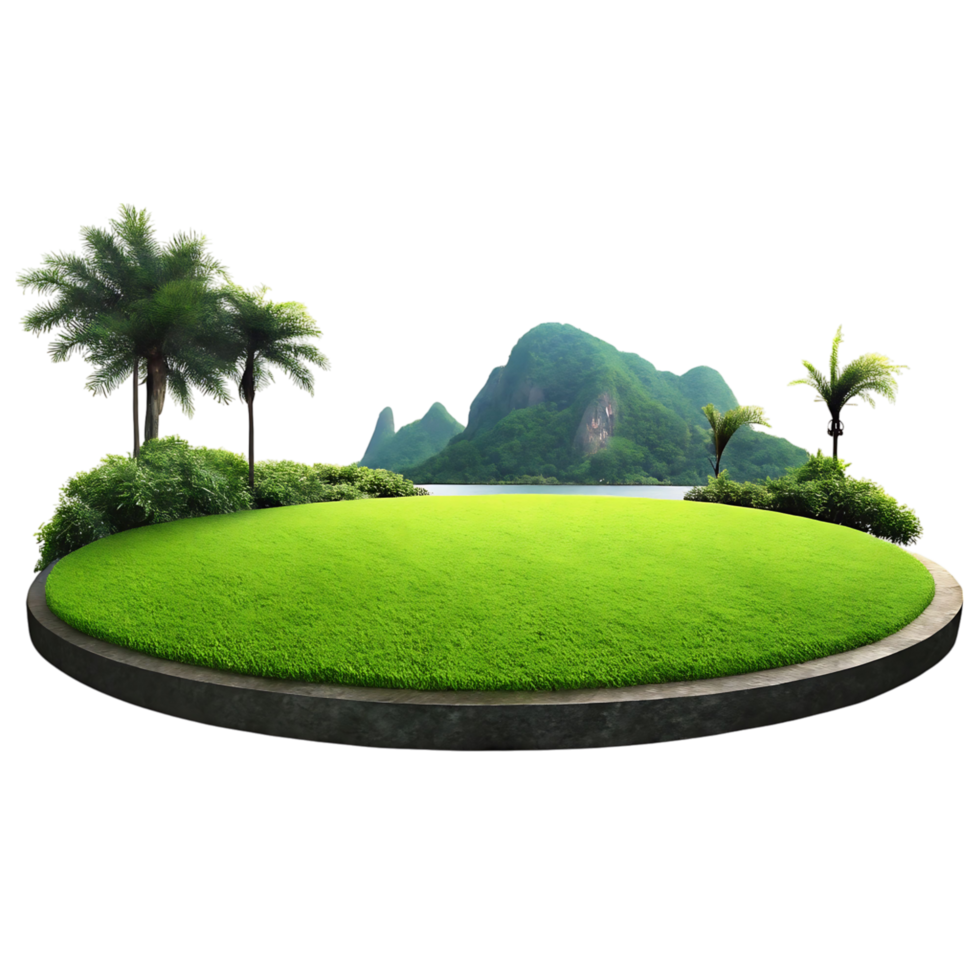 Lush Green Island Paradise with Palm Trees and Mountain View png