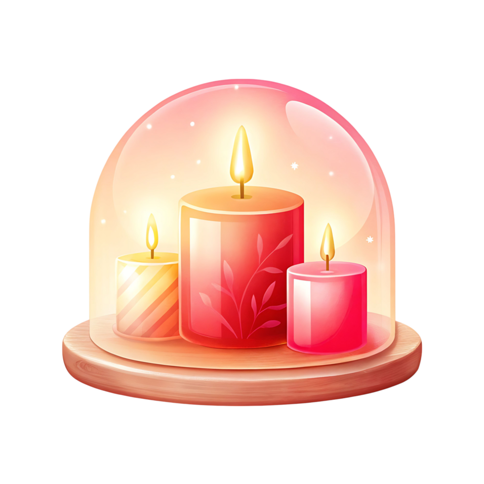 Three Burning Candles Under Glass Dome on Wooden Base Romantic Cozy Atmosphere png