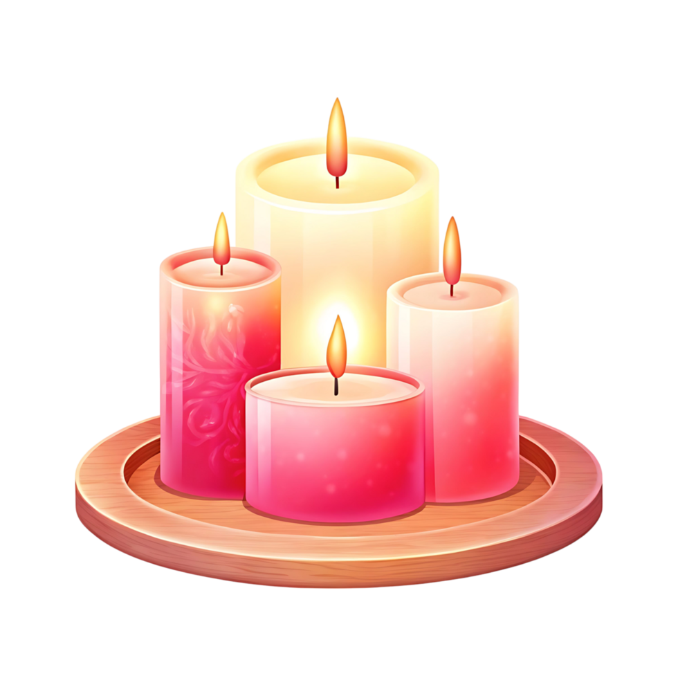 Four Burning Candles on a Wooden Tray Romantic Atmosphere Cozy Setting Relaxation Spa Treatment Scented Candles Home Decor png