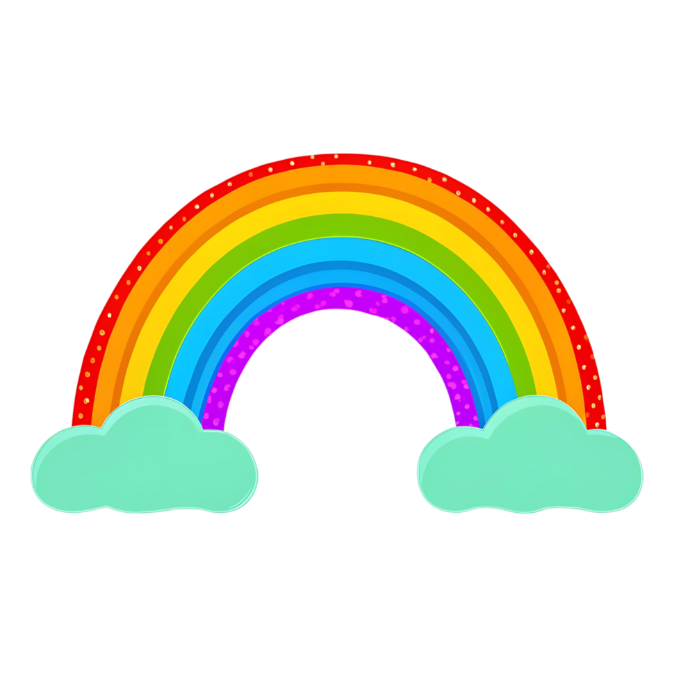 A Colorful Cartoon Rainbow with Clouds and Sparkling Dots png