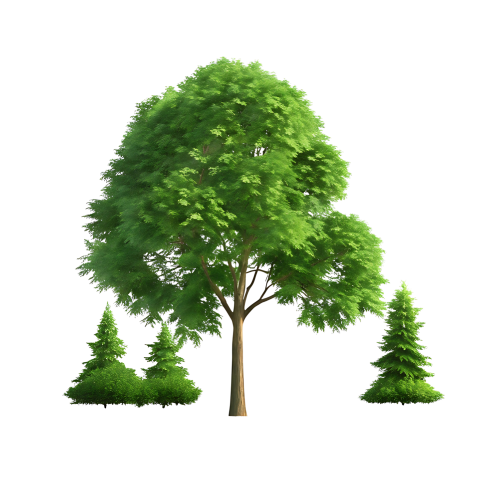Collection of Lush Green Trees Isolated on transparent Background Showing Deciduous Tree and Two Coniferous Trees png