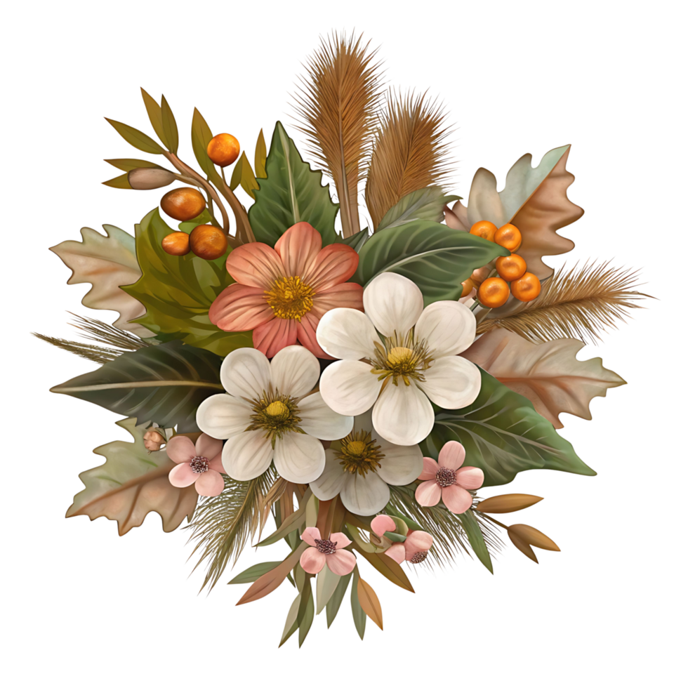 Autumnal Floral Bouquet with White and Peach Blossoms and Pampas Grass png