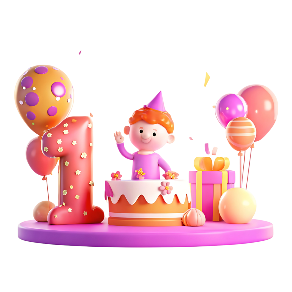 Adorable First Birthday Celebration with Cartoon Boy Cake Balloons and Gift png