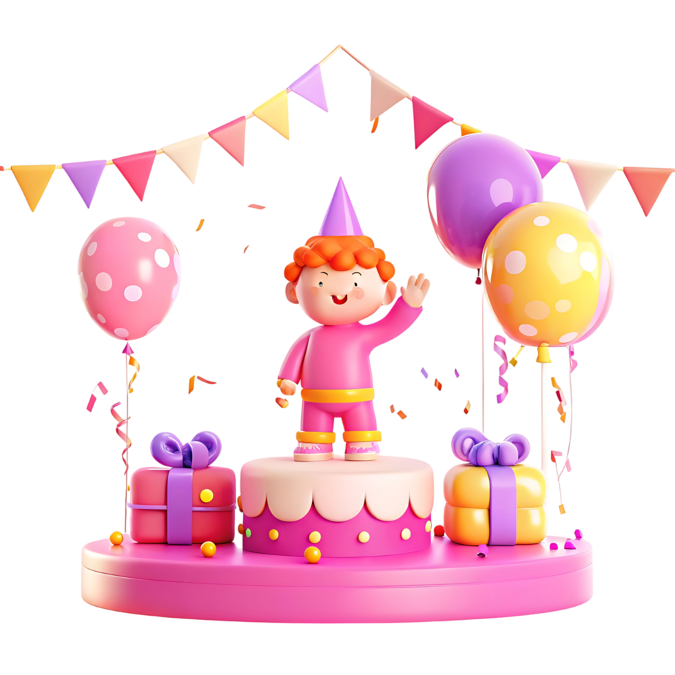 Adorable 3D Render of a Happy Child Celebrating a Birthday with Cake Balloons and Gifts png
