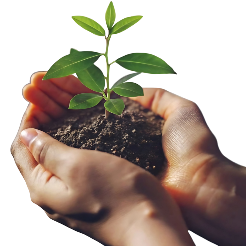Tender Hands Gently Holding a Young Sprout Emerging from Rich Soil Against a transparent Background png