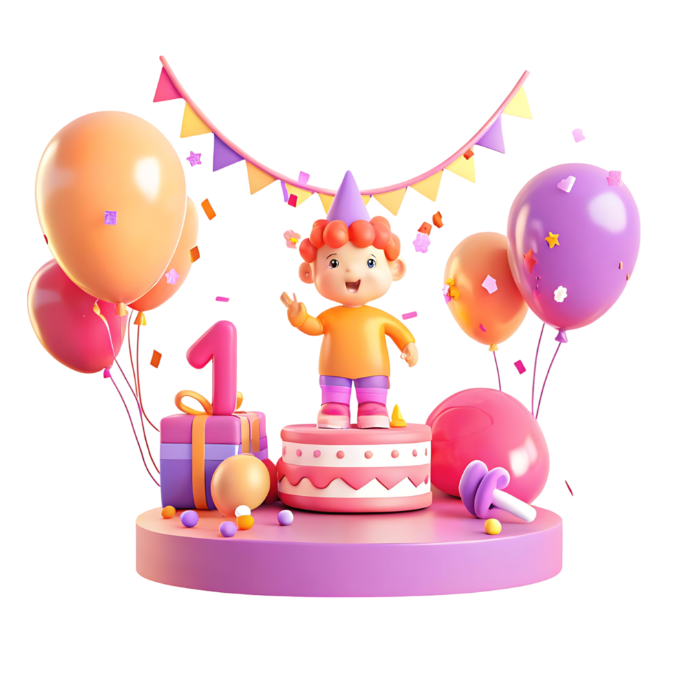 Adorable 3D Render of a Baby Boy Celebrating His First Birthday with Balloons Cake and Confetti png