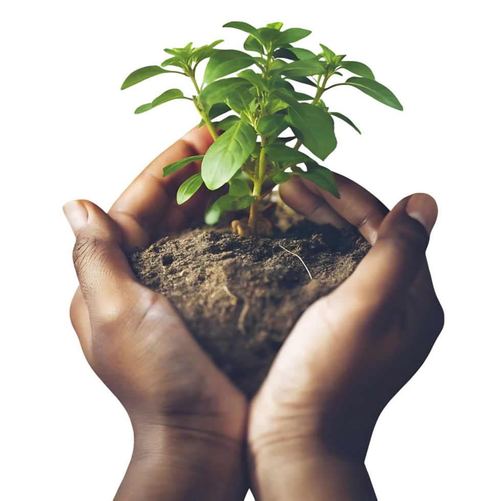 Protecting the delicate new life a small plant growing in dark rich soil held carefully in human hands png