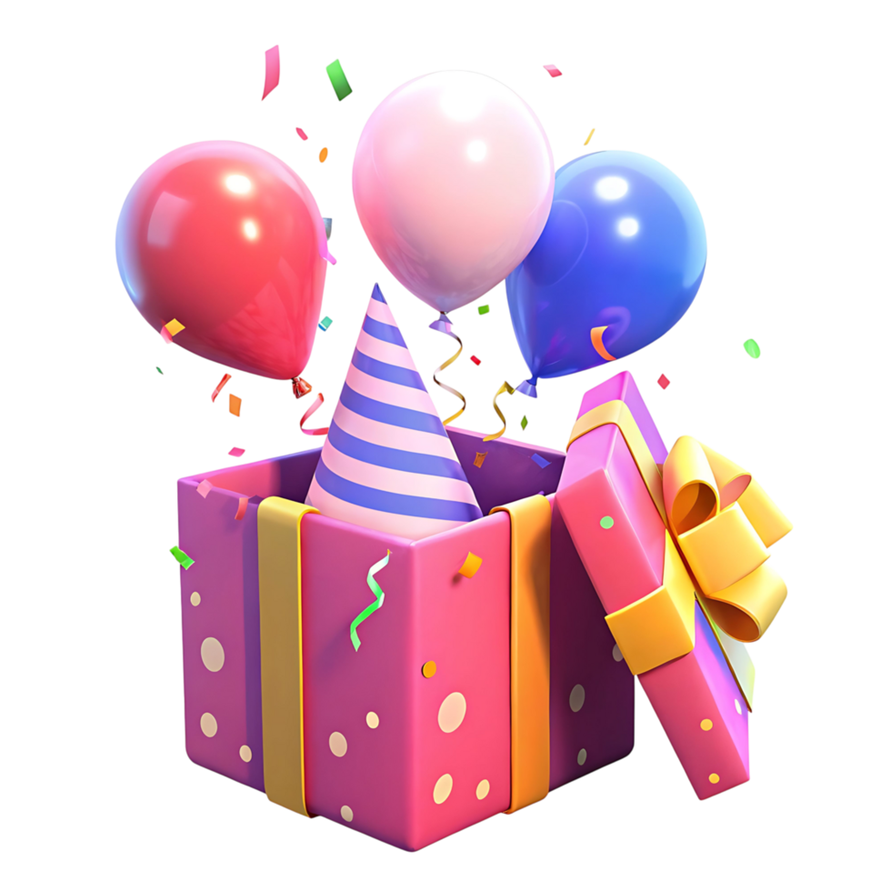 A 3D Render of a Pink Gift Box with Balloons and Party Hat Surprise png