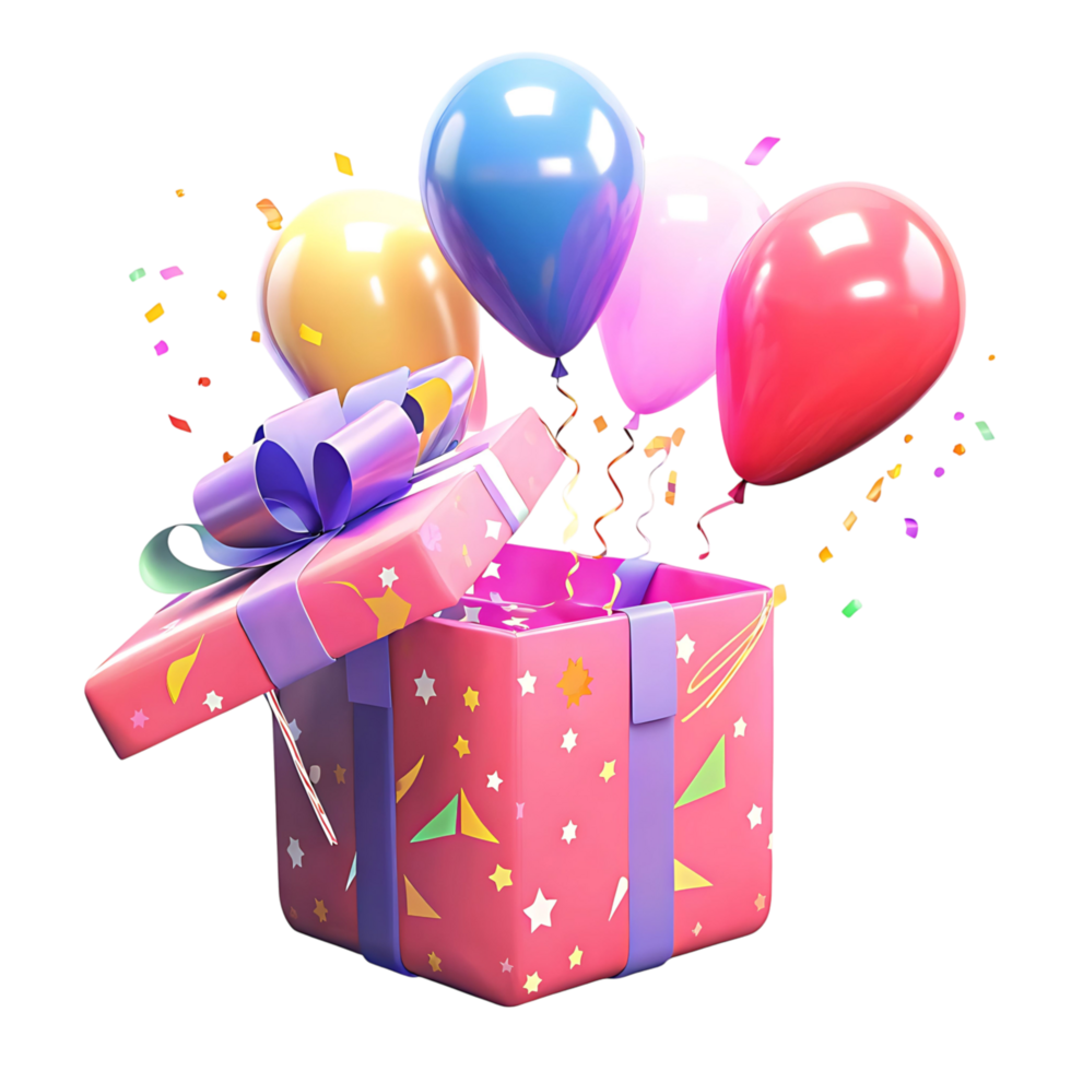 Pink Gift Box Surprise with Colorful Balloons and Confetti Celebration png