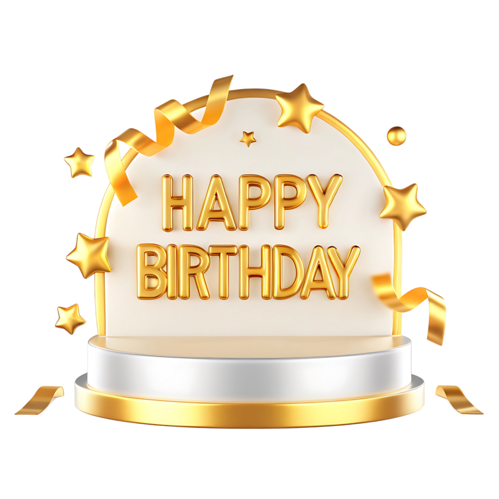 Happy Birthday Celebration with Golden Letters Stars and Ribbons on a White and Gold Podium png
