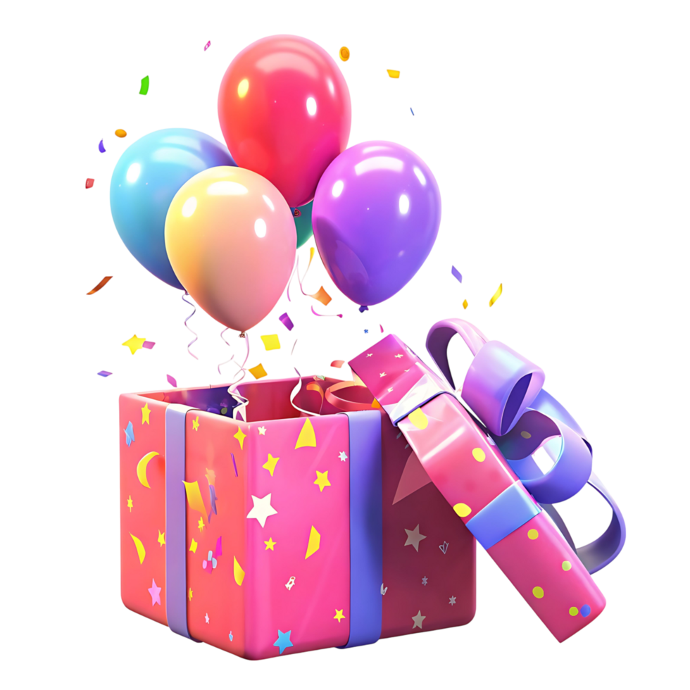 Surprise Birthday Gift Box with Colorful Balloons and Confetti Explosion png