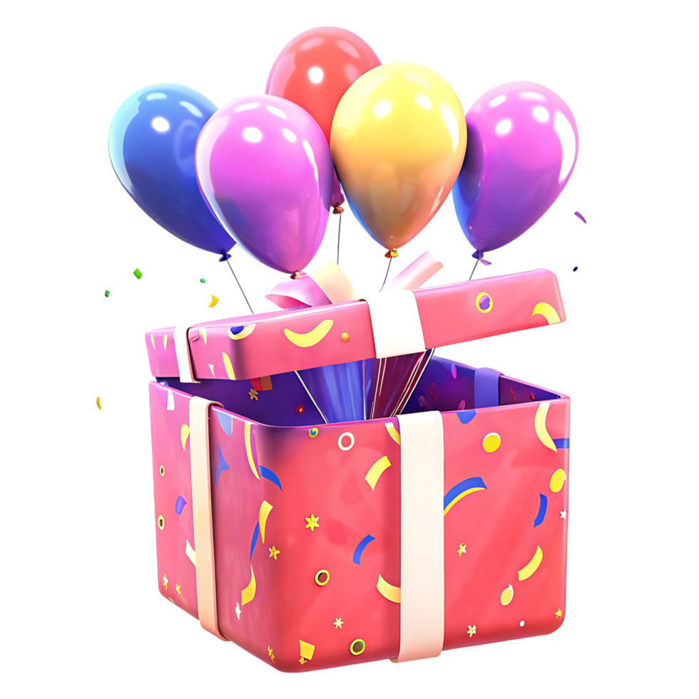A Surprise Party Gift Box with Colorful Balloons and Confetti png