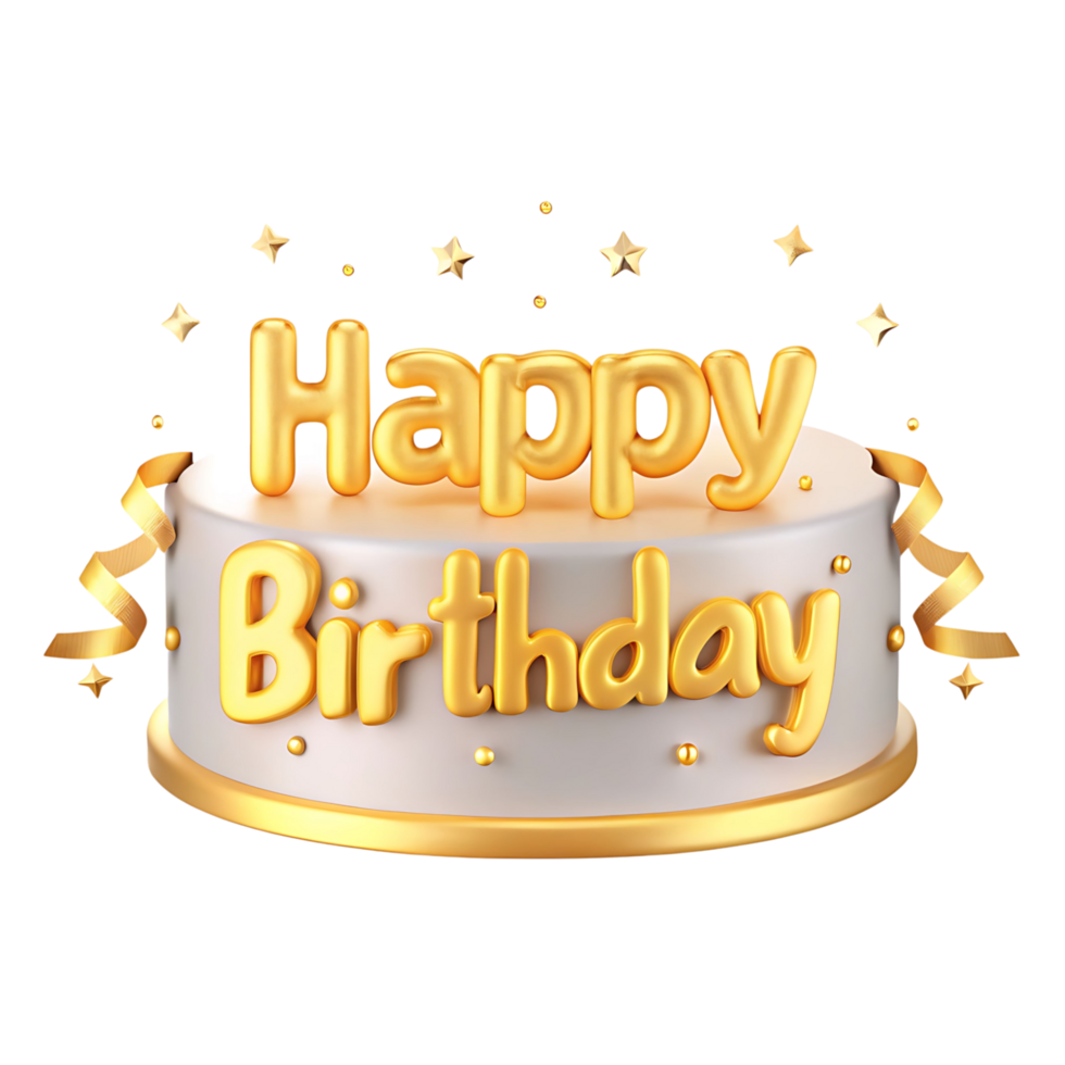Happy Birthday Cake with Golden Letters and Festive Decorations png