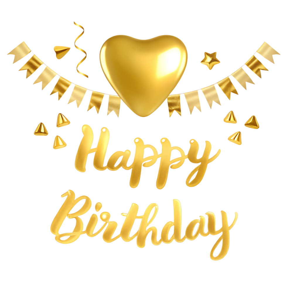 Happy Birthday Golden Celebration with Heart Balloon and Bunting png