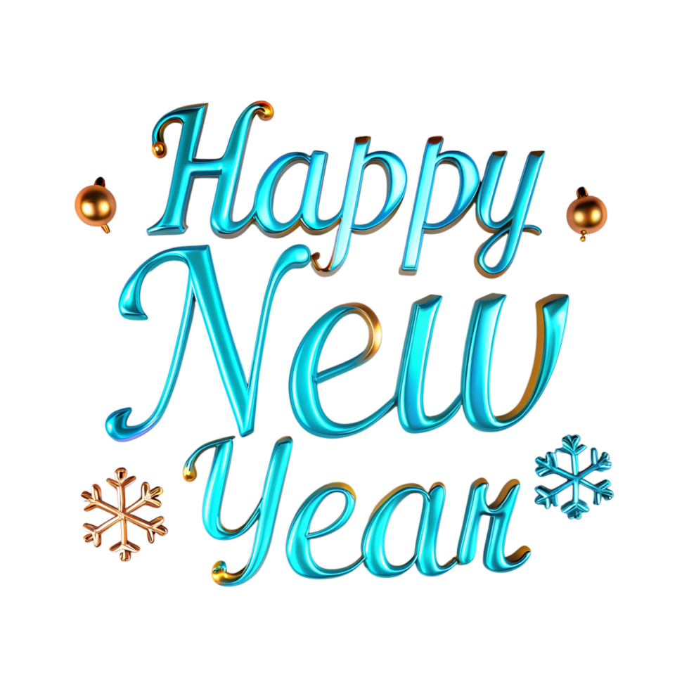 Happy New Year 3D Render with Ornaments and Snowflakes png