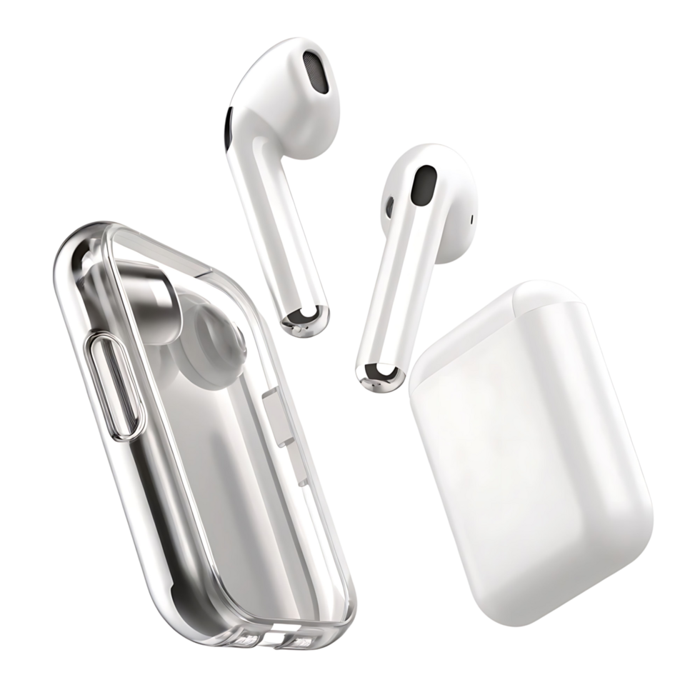 Wireless Earbuds with Protective Case Floating on transparent Background Product Photography png
