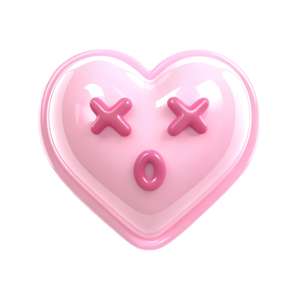 A Cute Pink Heart Shaped Emoji with X Eyes and O Mouth Showing a Surprised or Sleepy Expression png