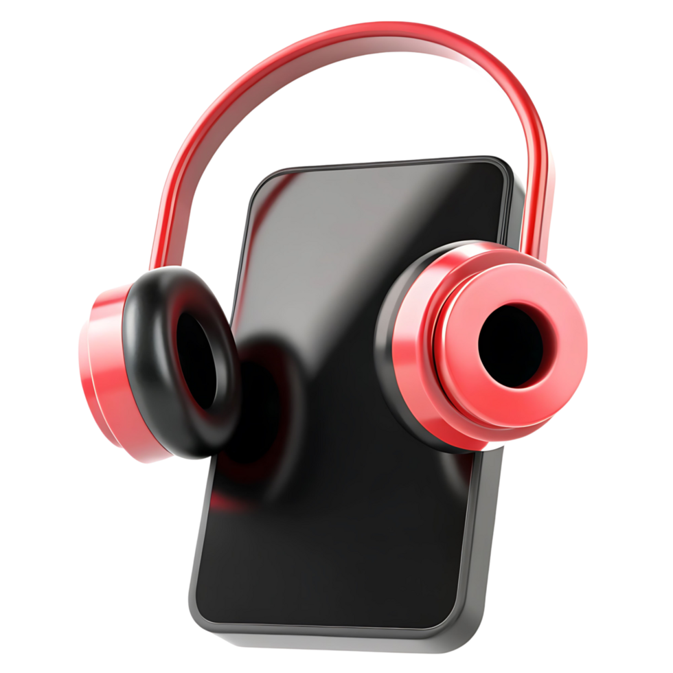 Red Headphones Resting on a transparent Smartphone Screen Displaying Mobile Music and Audio Streaming png