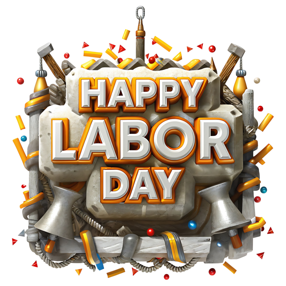 Happy Labor Day Festive 3D Stone Design with Tools and Confetti png