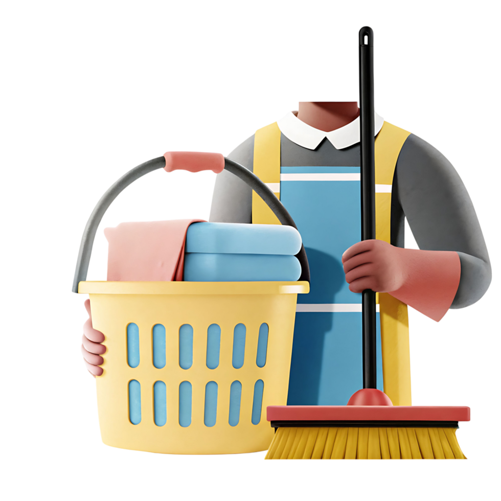 3D Render of a Cleaning Person Holding a Basket of Laundry and a Mop png